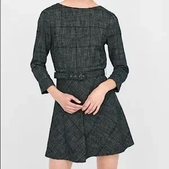 Zara Tweed Belted Fit & Flare Cropped Sleeve Mini Short Dress, Forest Green, Med - Picture 1 of 15